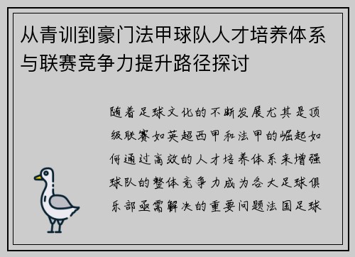 从青训到豪门法甲球队人才培养体系与联赛竞争力提升路径探讨
